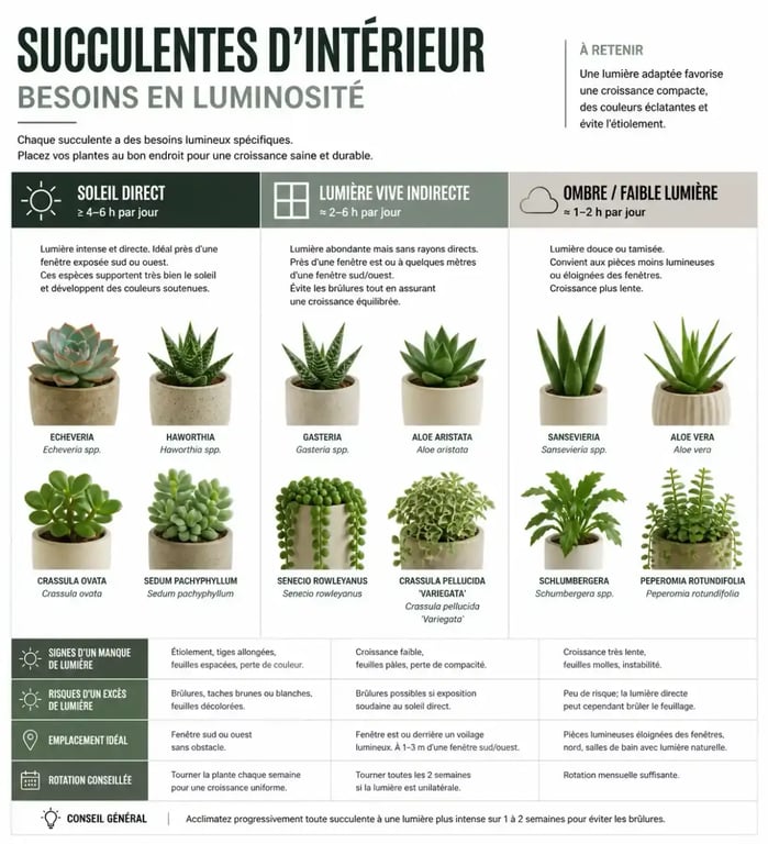 Guide des besoins en lumière pour les plantes succulentes d'intérieur