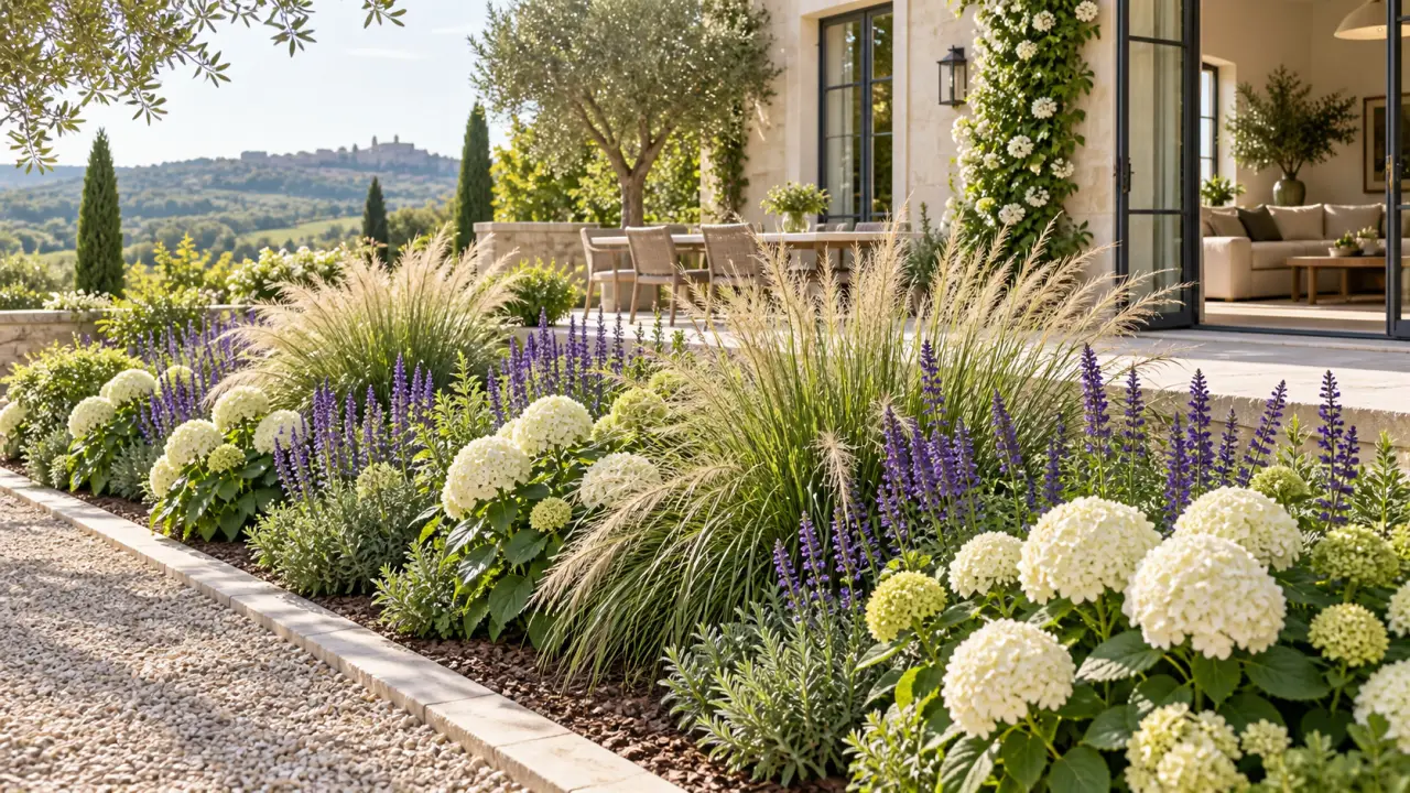 Premier massif fleuri composé de trois plantes aux feuillages et floraisons harmonieux