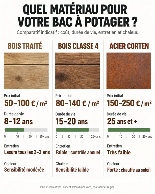Comparatif visuel des bacs à potager en bois et en acier Corten selon le prix, la durée de vie et l’entretien