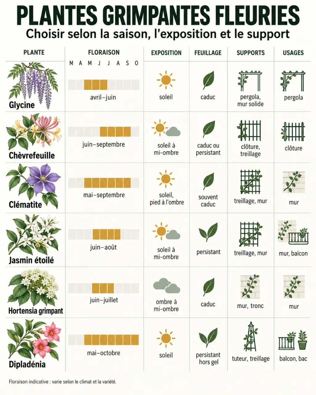 Infographie comparative des plantes grimpantes fleuries selon la floraison, l’exposition et le support