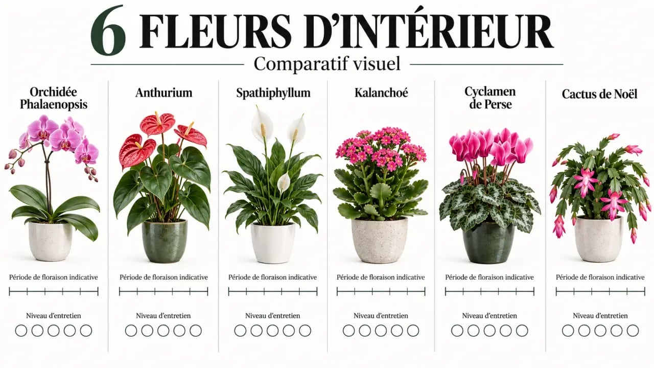 Infographie comparative de fleurs plantes d'intérieur : orchidée, anthurium, spathiphyllum, kalanchoé, cyclamen et cactus de Noël