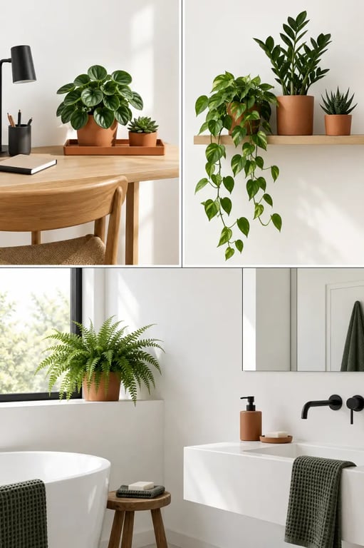 Mise en scène de mini plantes d’intérieur sur un bureau et une étagère