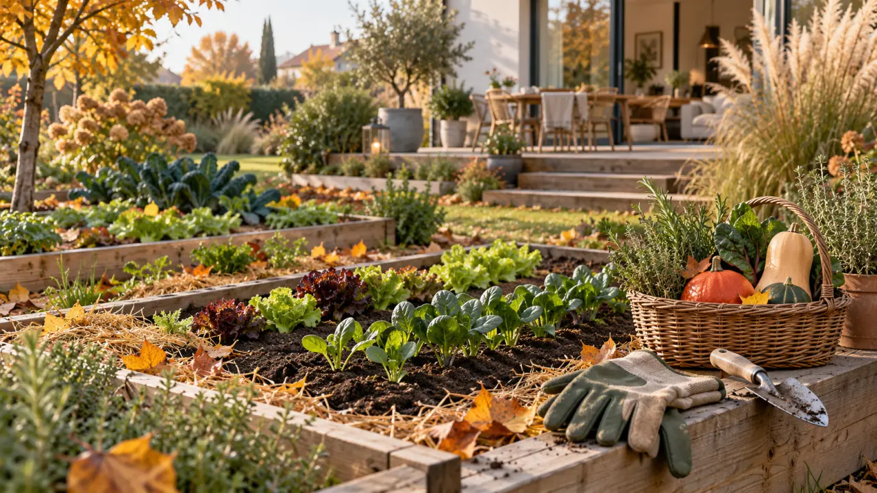Potager d'automne avec rangs de légumes, terre travaillée et paillage naturel