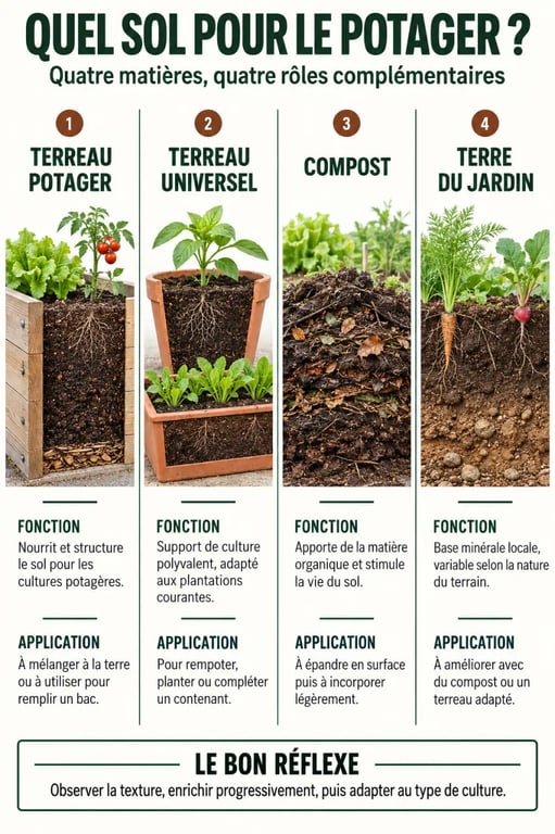 Infographie comparative sur les usages du terreau potager, du compost et de la terre du jardin
