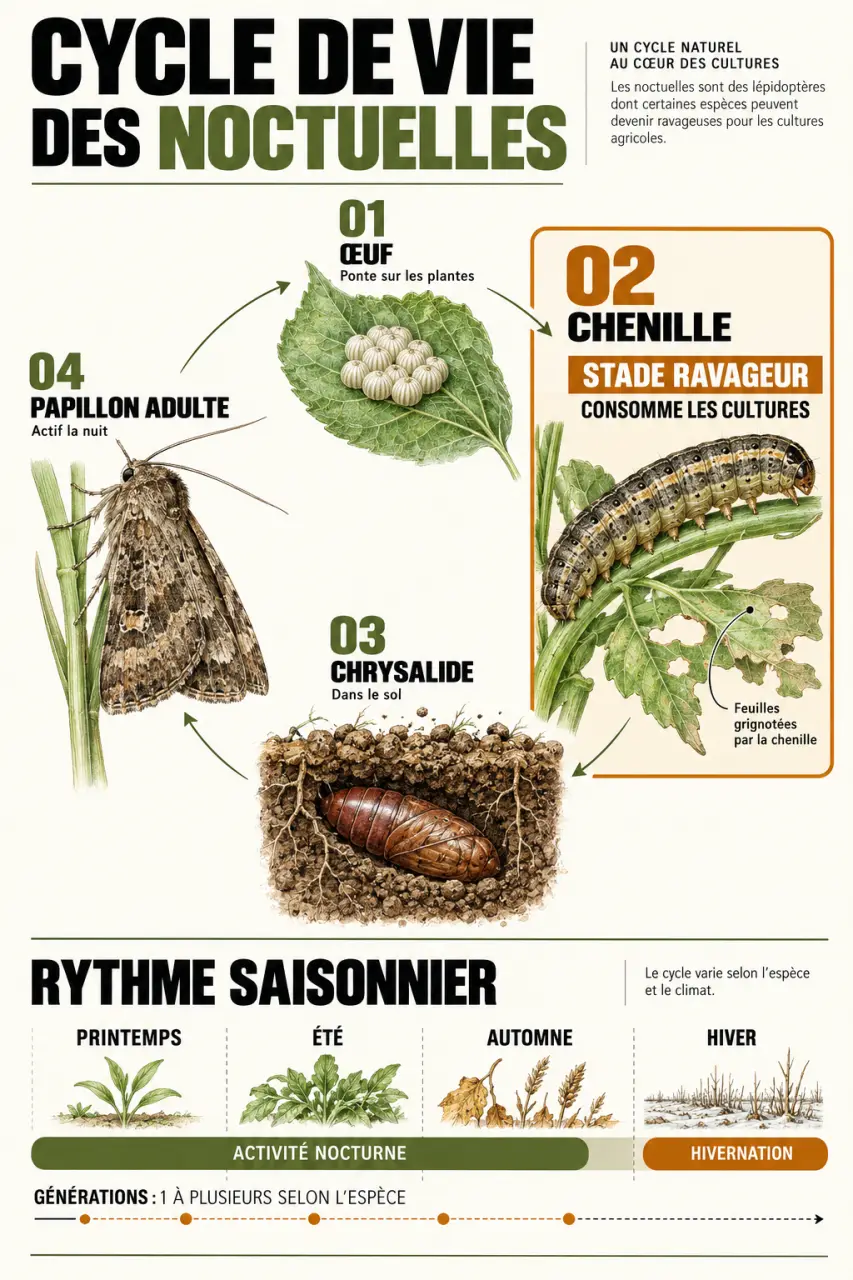 Cycle de vie des noctuelles de l’œuf à la chenille, la chrysalide et au papillon