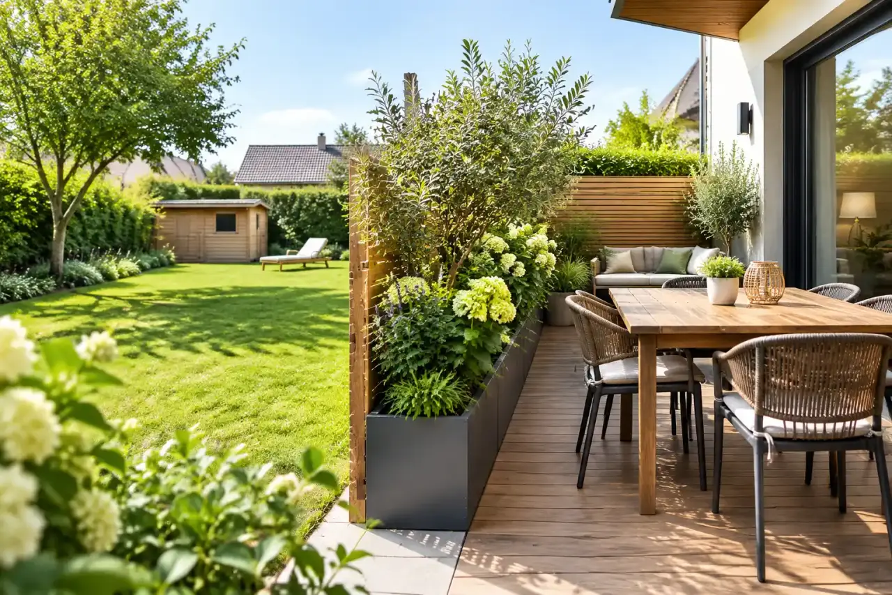 Jardin aménagé après travaux avec terrasse, plantations et perspective paysagère