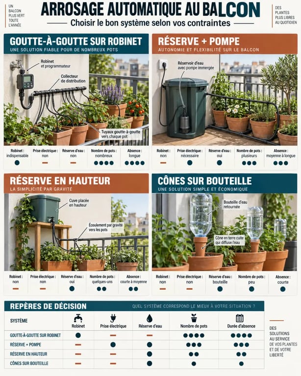 Infographie sur les solutions d'arrosage automatique balcon avec robinet, réserve, pompe et gravité