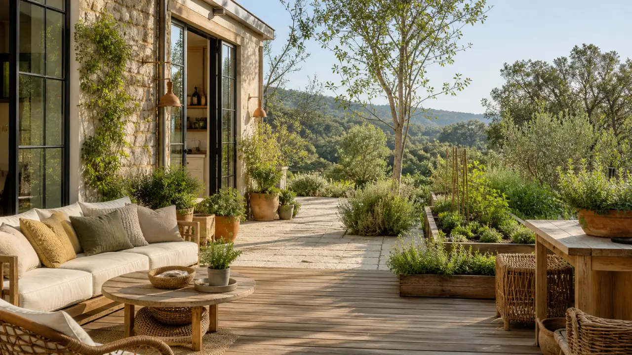 Patio naturel lumineux avec matériaux sobres, végétaux généreux et ambiance chaleureuse