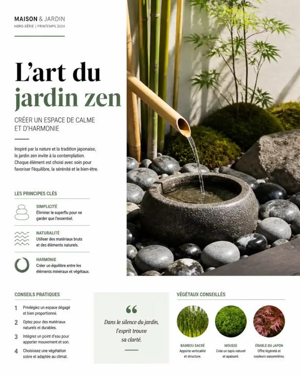 Aménagement de jardin zen avec décoration de jardin originale en galets et bambou