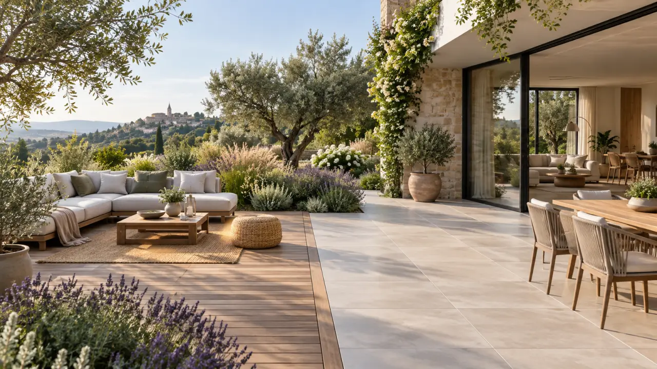 Terrasse contemporaine associant bois naturel, grès cérame et végétation paysagère