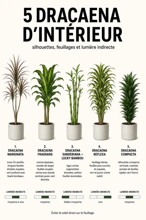 Plantes d’intérieur Dracaena : variétés marginata, fragrans, Lucky Bambou, reflexa et compacta